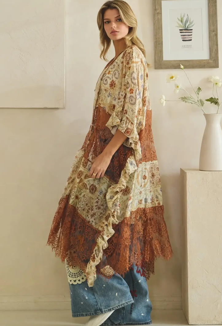 Washed Print Lace Mix Duster