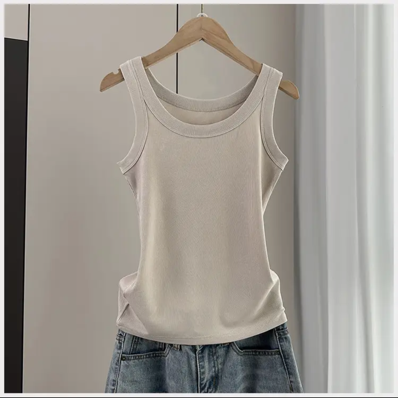 Everyday Outfit Round Neck Rib Fitted Tank Top- Beige