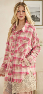 Washed plaids and embroidered mesh mix shacket