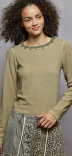 Long Sleeve Solid Pattern Stud Detail Textured Knit Top