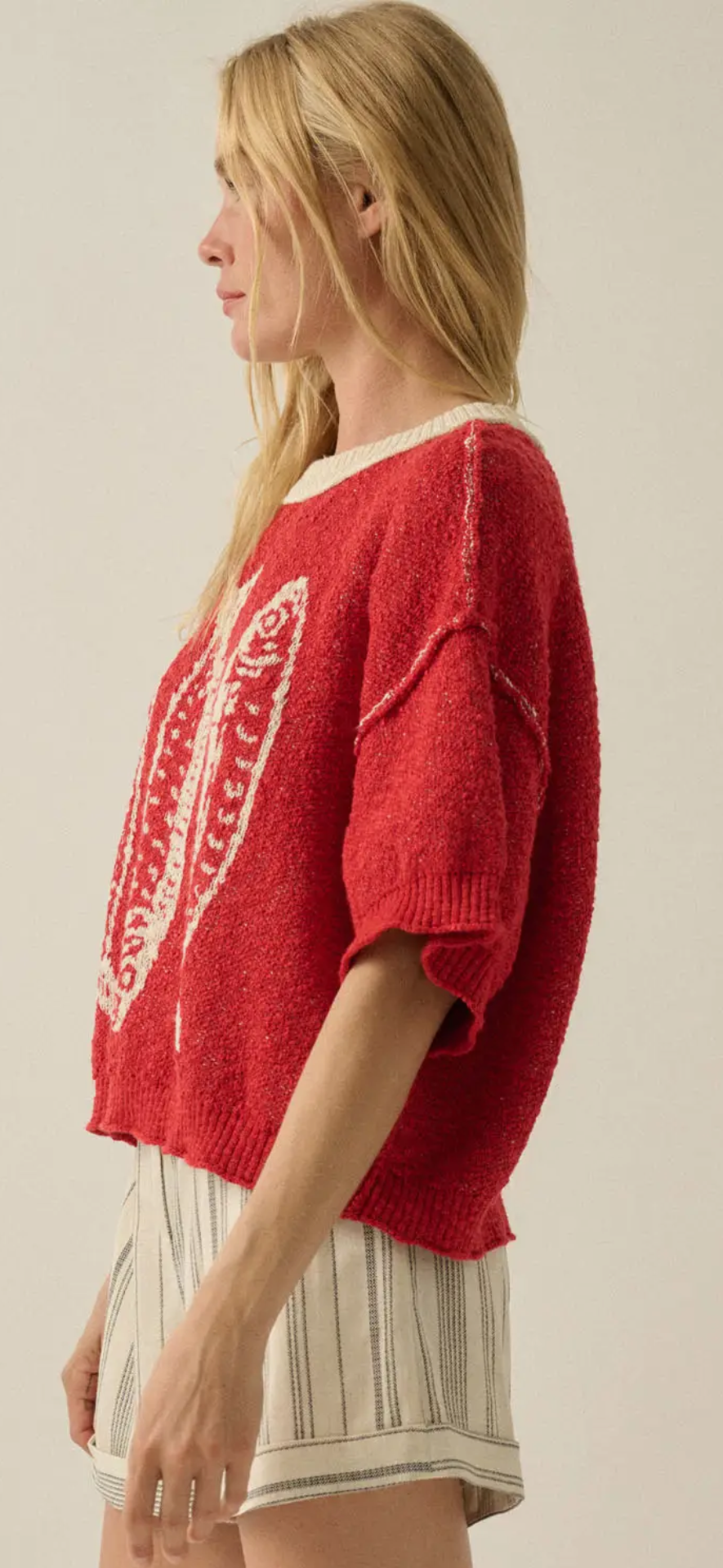 Three Fish Textured Jacquard Knit Short Sleeve Sweater