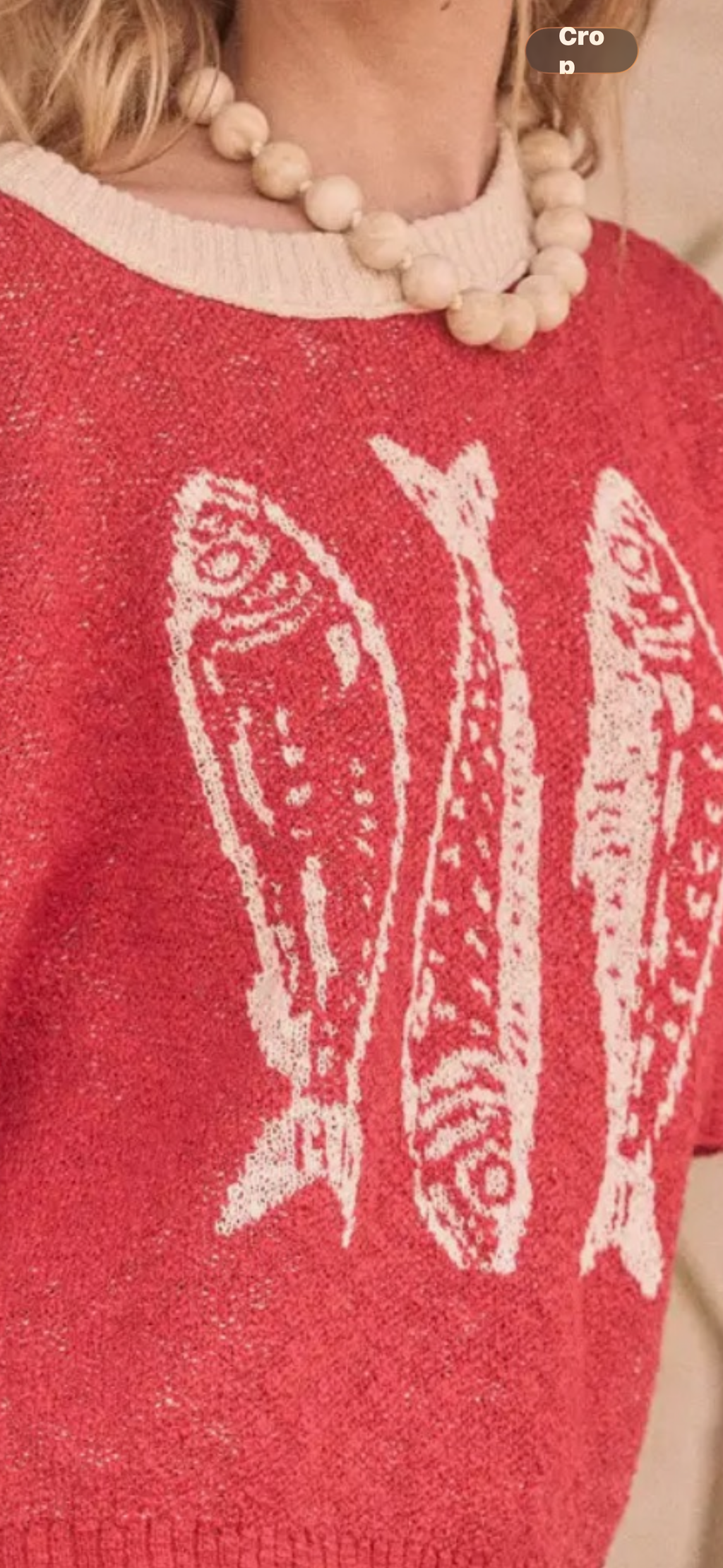 Three Fish Textured Jacquard Knit Short Sleeve Sweater