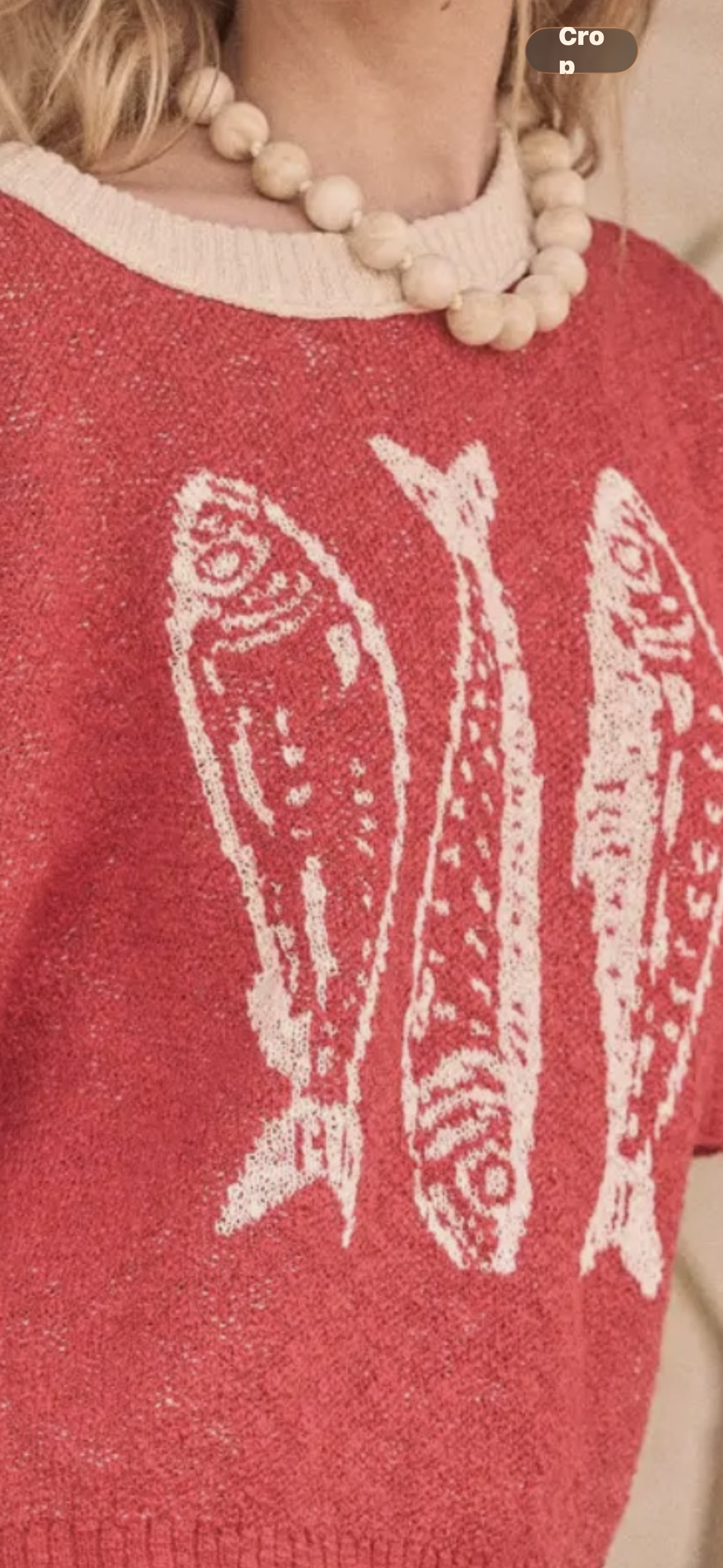 Three Fish Textured Jacquard Knit Short Sleeve Sweater