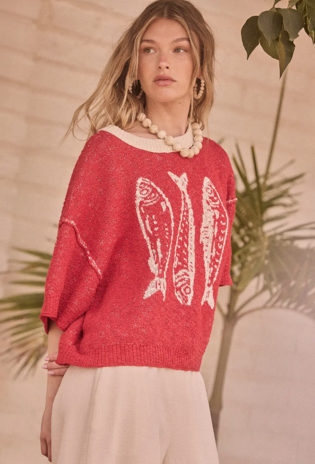Three Fish Textured Jacquard Knit Short Sleeve Sweater