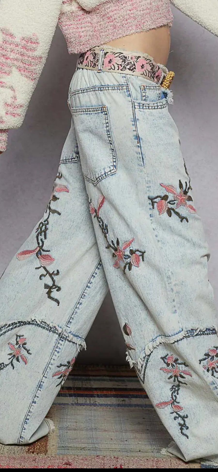 Floral Embroidery Detail Western-inspired Cuffs Woven Pants-denim