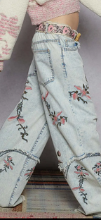 Floral Embroidery Detail Western-inspired Cuffs Woven Pants-denim