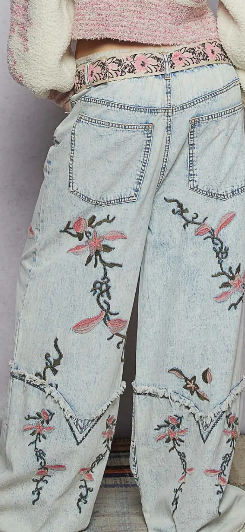 Floral Embroidery Detail Western-inspired Cuffs Woven Pants-denim