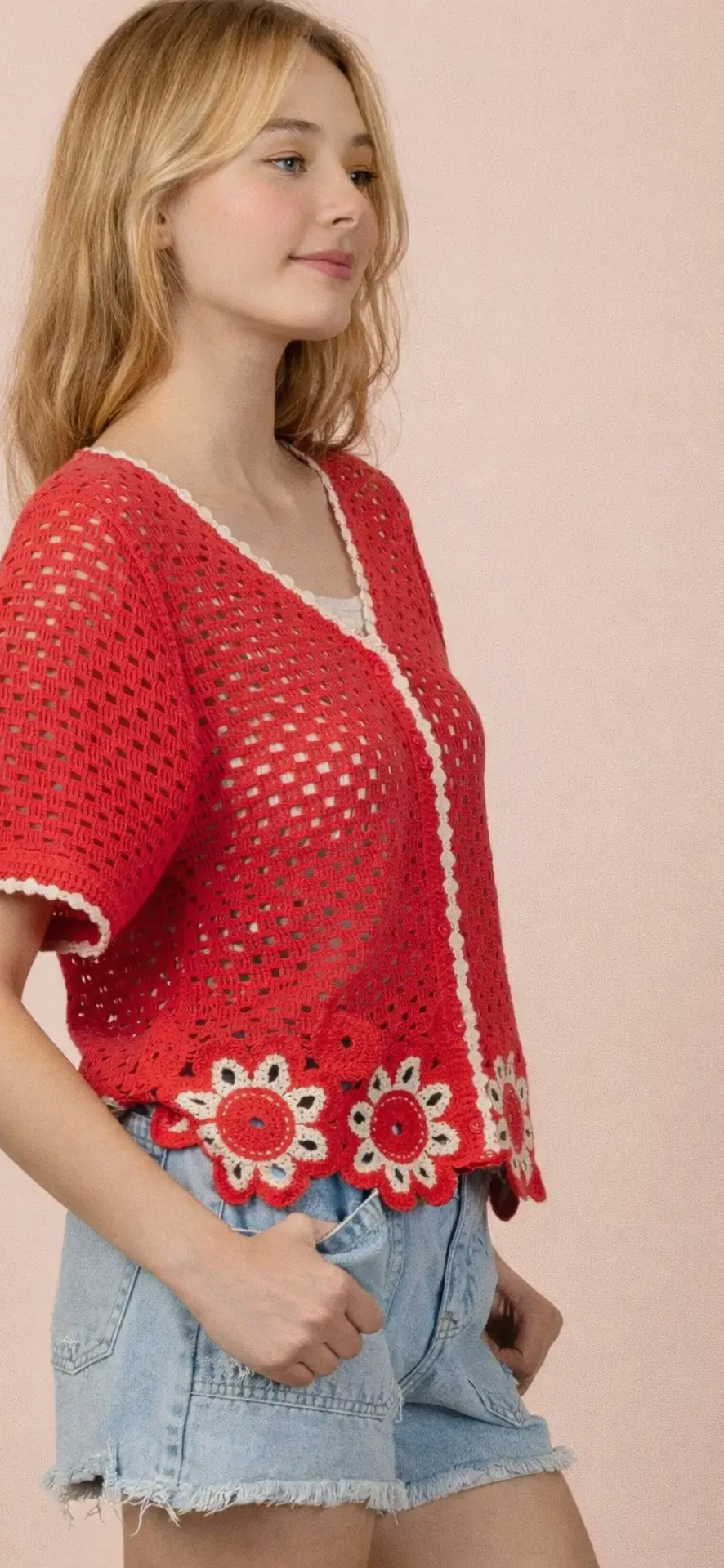 Floral hem Crochet Button Down Top-tomato