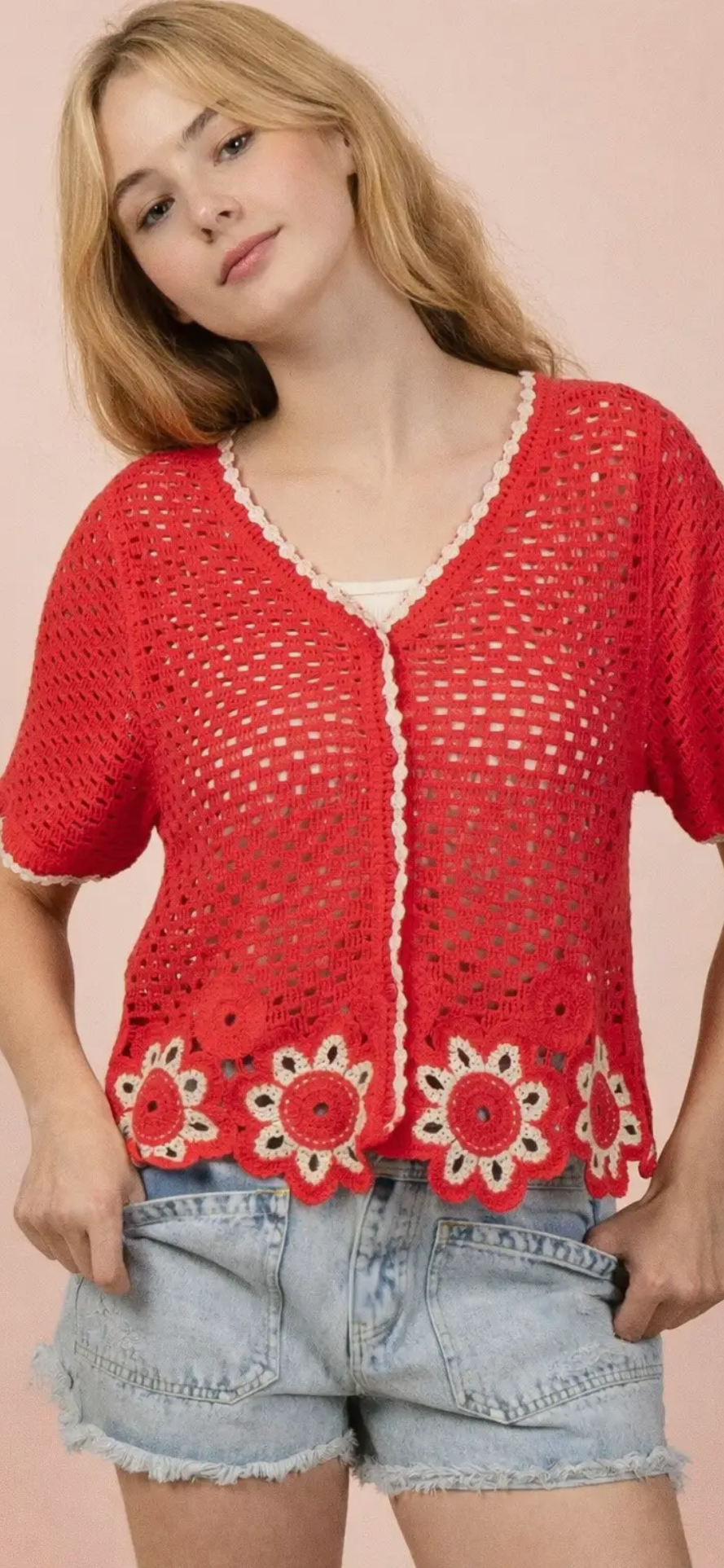 Floral hem Crochet Button Down Top-tomato