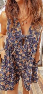 Floral Print Bow Tie V-Neck Sleeveless Denim Romper