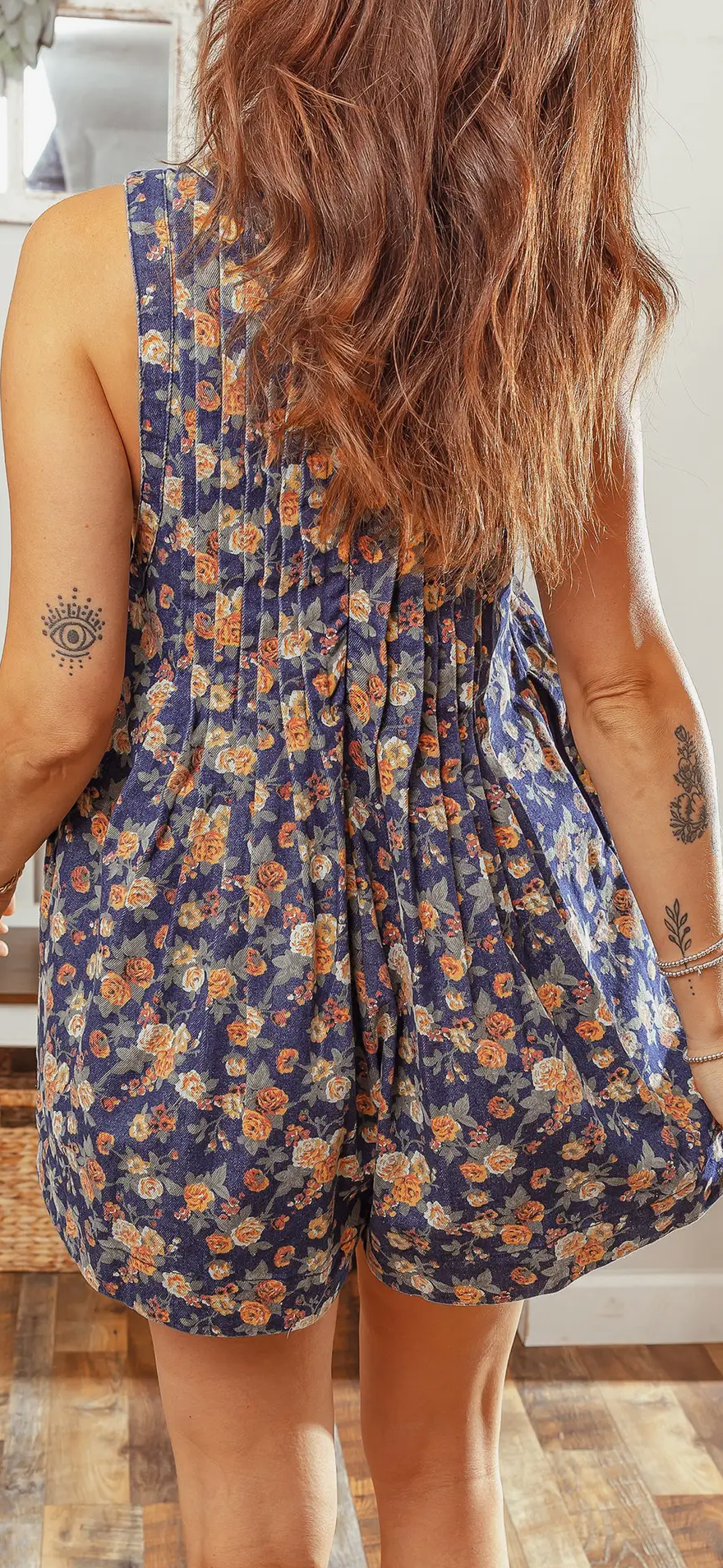 Floral Print Bow Tie V-Neck Sleeveless Denim Romper