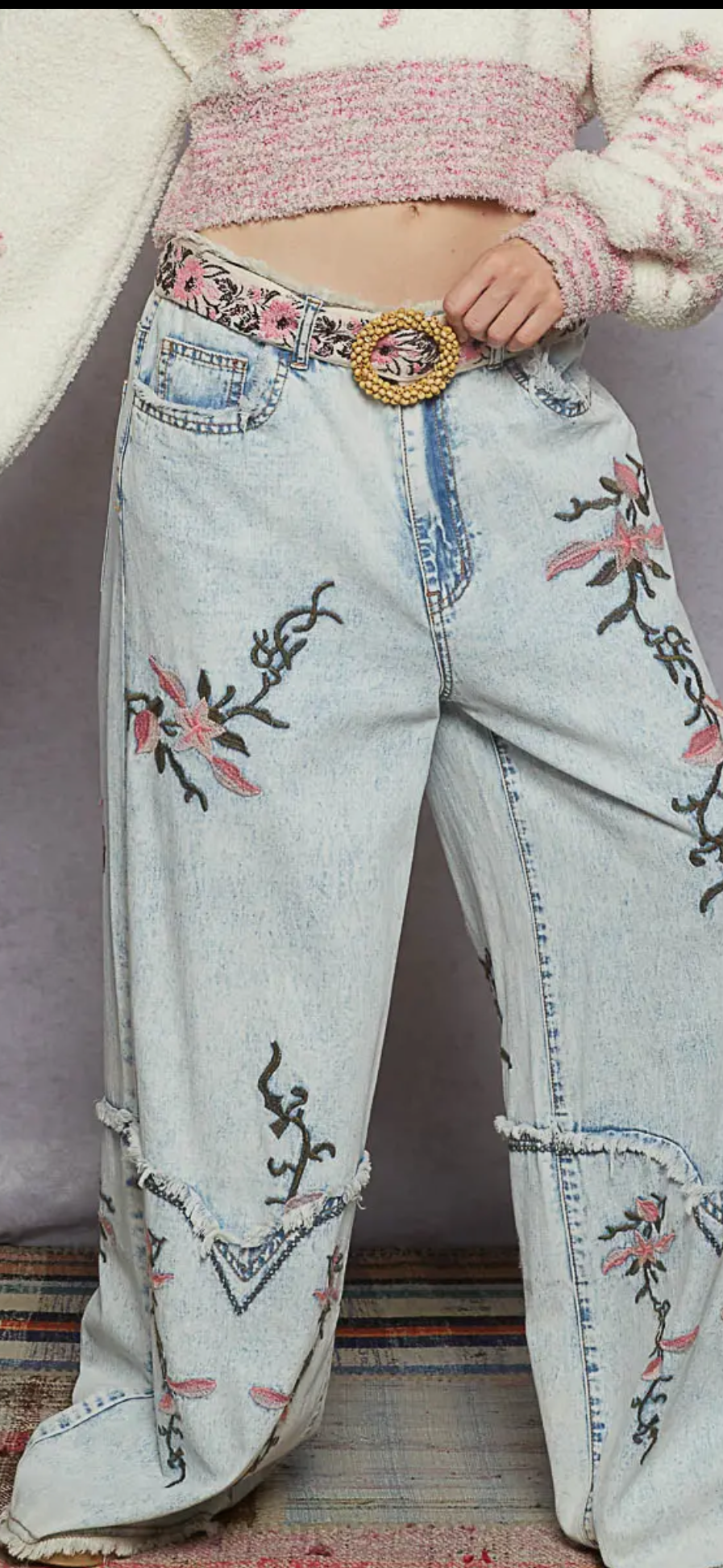 Floral Embroidery Detail Western-inspired Cuffs Woven Pants-denim