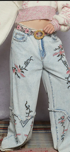 Floral Embroidery Detail Western-inspired Cuffs Woven Pants-denim