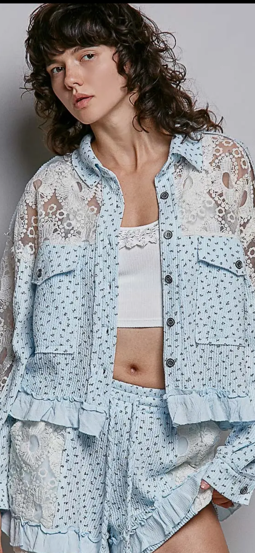 Floral Knit balloon Sleeve Lace Patch Jacket Top