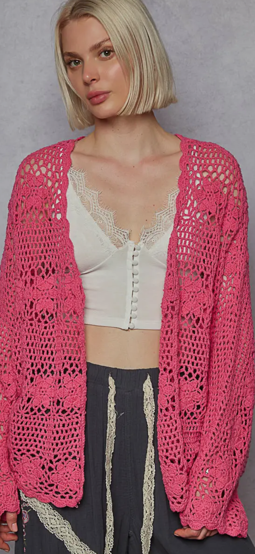 Floral Patch Solid Crochet Open Cardigan