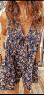 Floral Print Bow Tie V-Neck Sleeveless Denim Romper