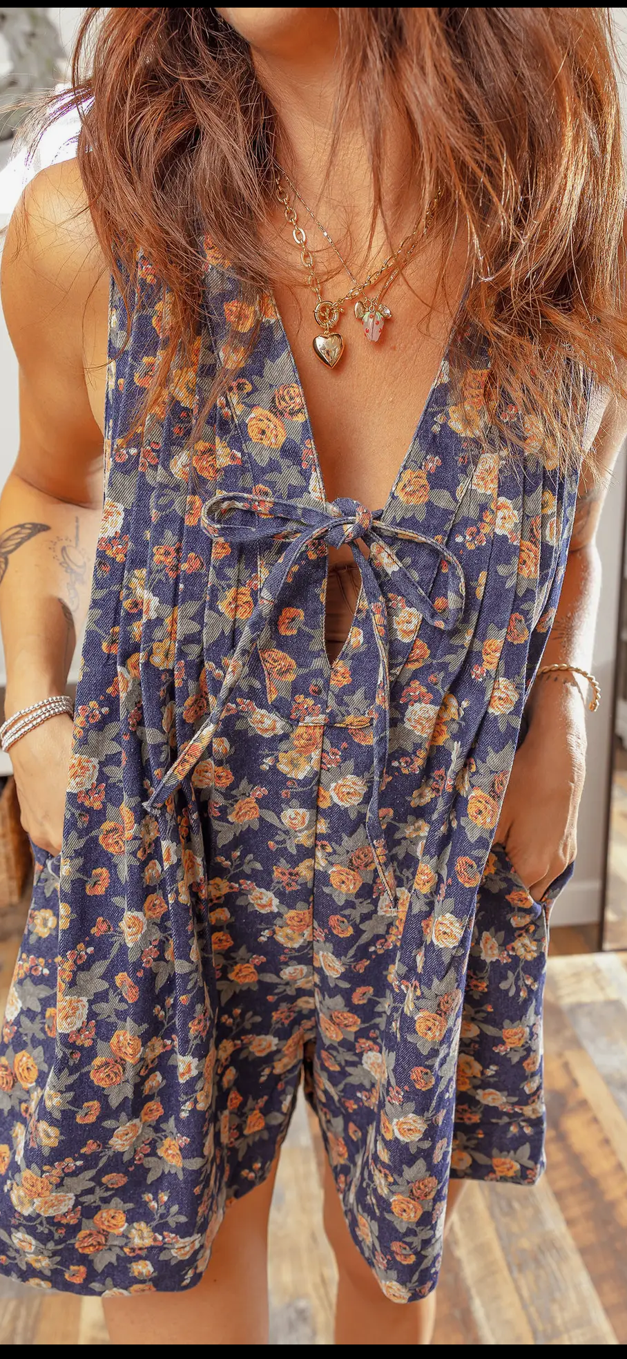 Floral Print Bow Tie V-Neck Sleeveless Denim Romper
