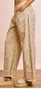 Flower Printed Barrel Pants With Frayed Hem-ecru
