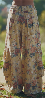 Flower Printed Denim Drawstring Pants-yellow