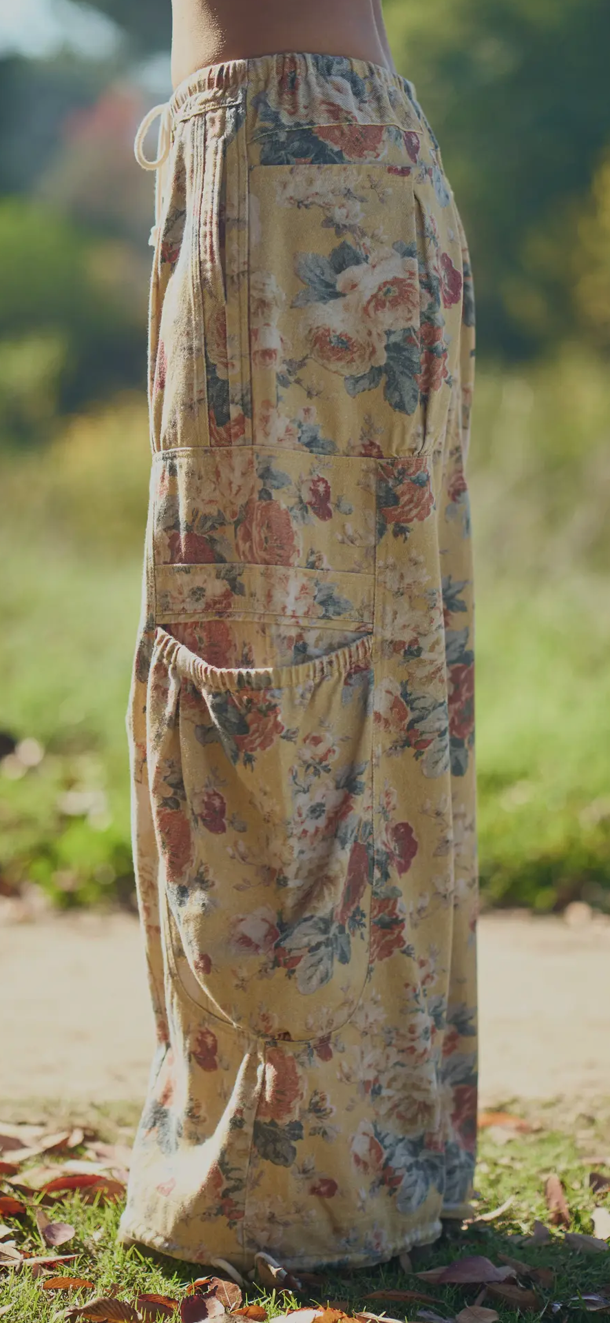 Flower Printed Denim Drawstring Pants-yellow
