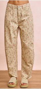 Flower Printed Barrel Pants With Frayed Hem-ecru