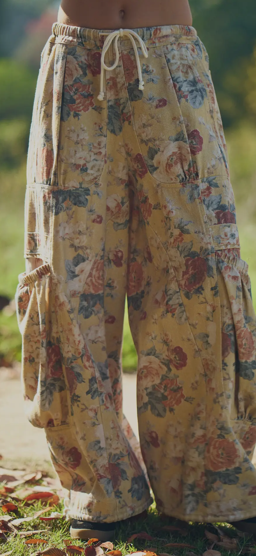 Flower Printed Denim Drawstring Pants-yellow