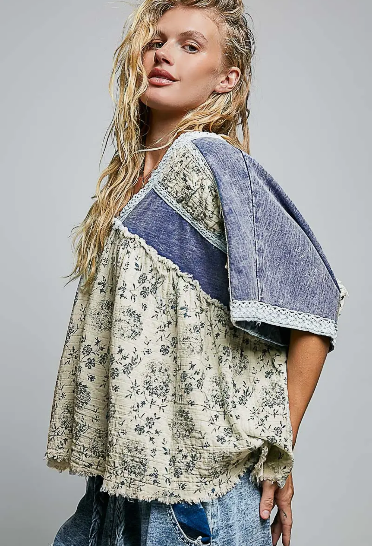 French Terry Floral Gauze Ruffle Detail Denim Short Top