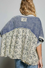 French Terry Floral Gauze Ruffle Detail Denim Short Top