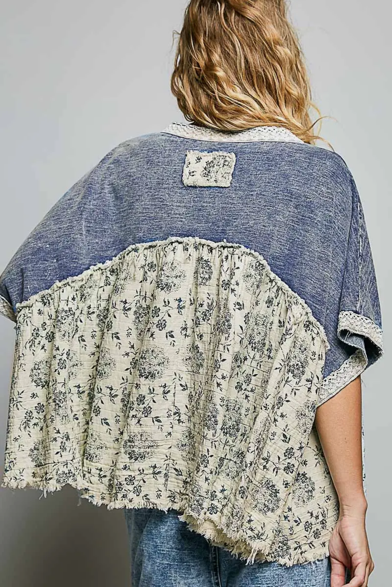 French Terry Floral Gauze Ruffle Detail Denim Short Top