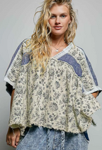 French Terry Floral Gauze Ruffle Detail Denim Short Top