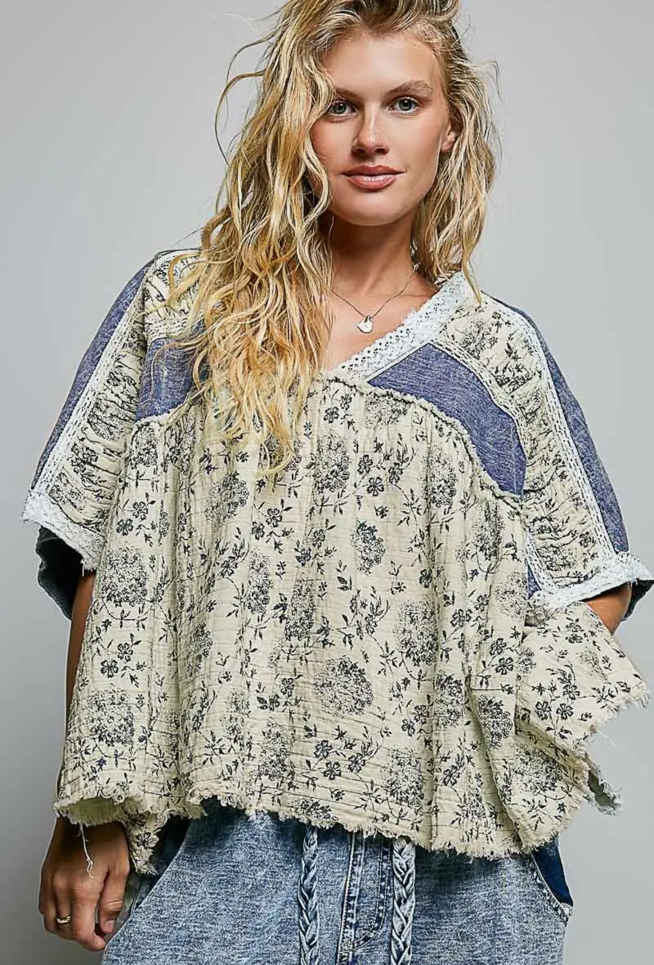 French Terry Floral Gauze Ruffle Detail Denim Short Top