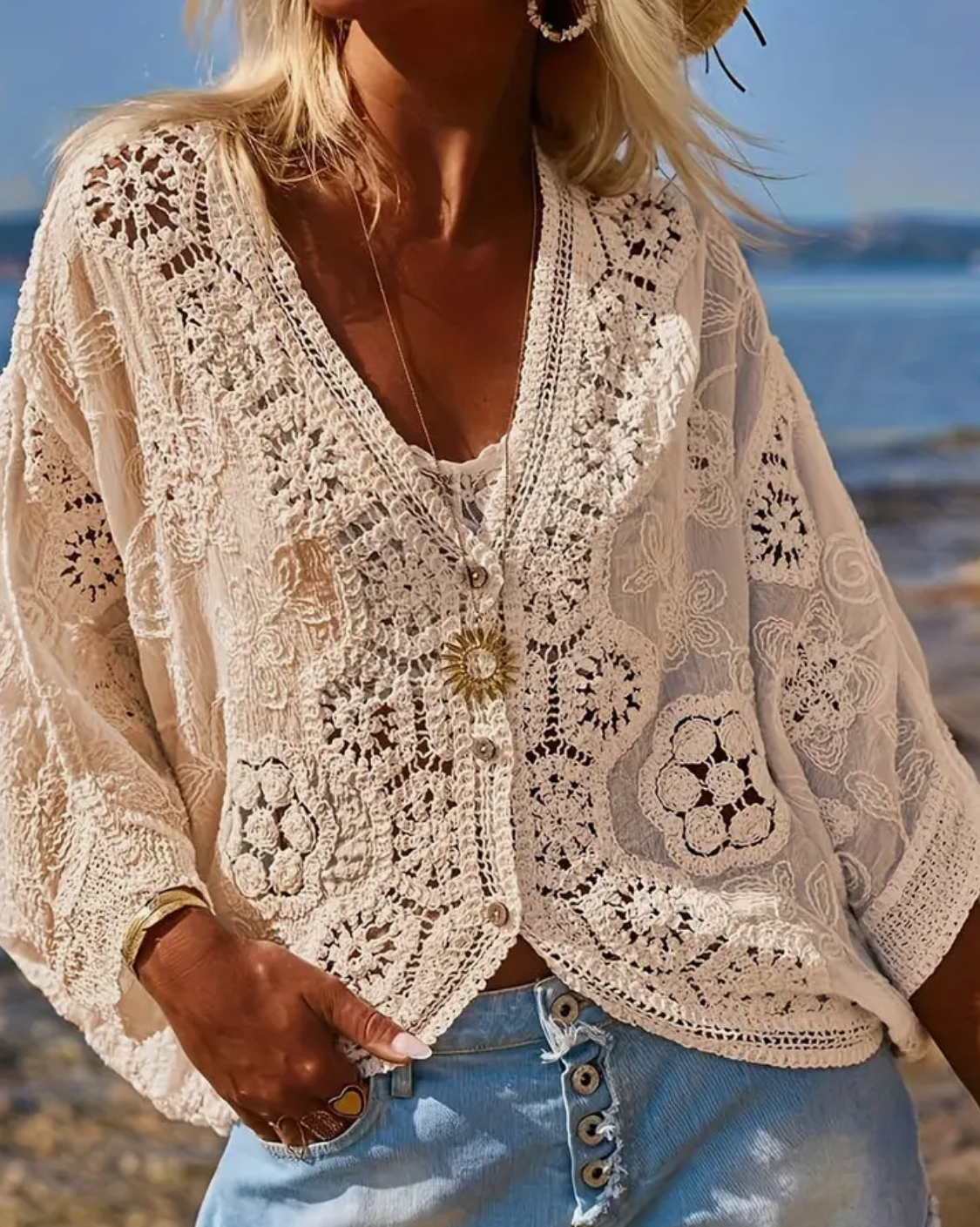 Button Front Lace Cardigan- Beige