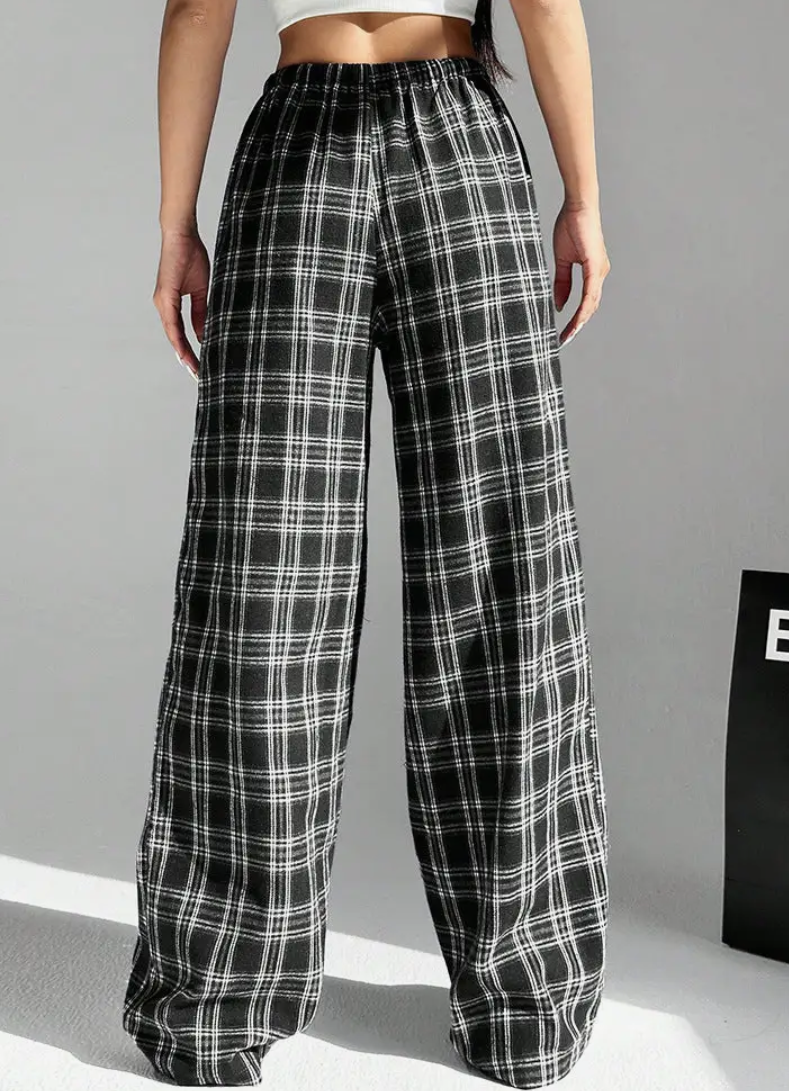 Gingham Check Wide Leg Casual Pants