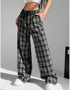 Gingham Check Wide Leg Casual Pants