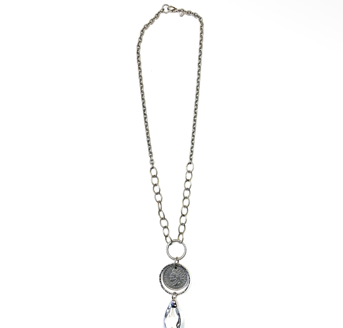 Indian Head & Buffalo Coin Crystal Drop Necklace