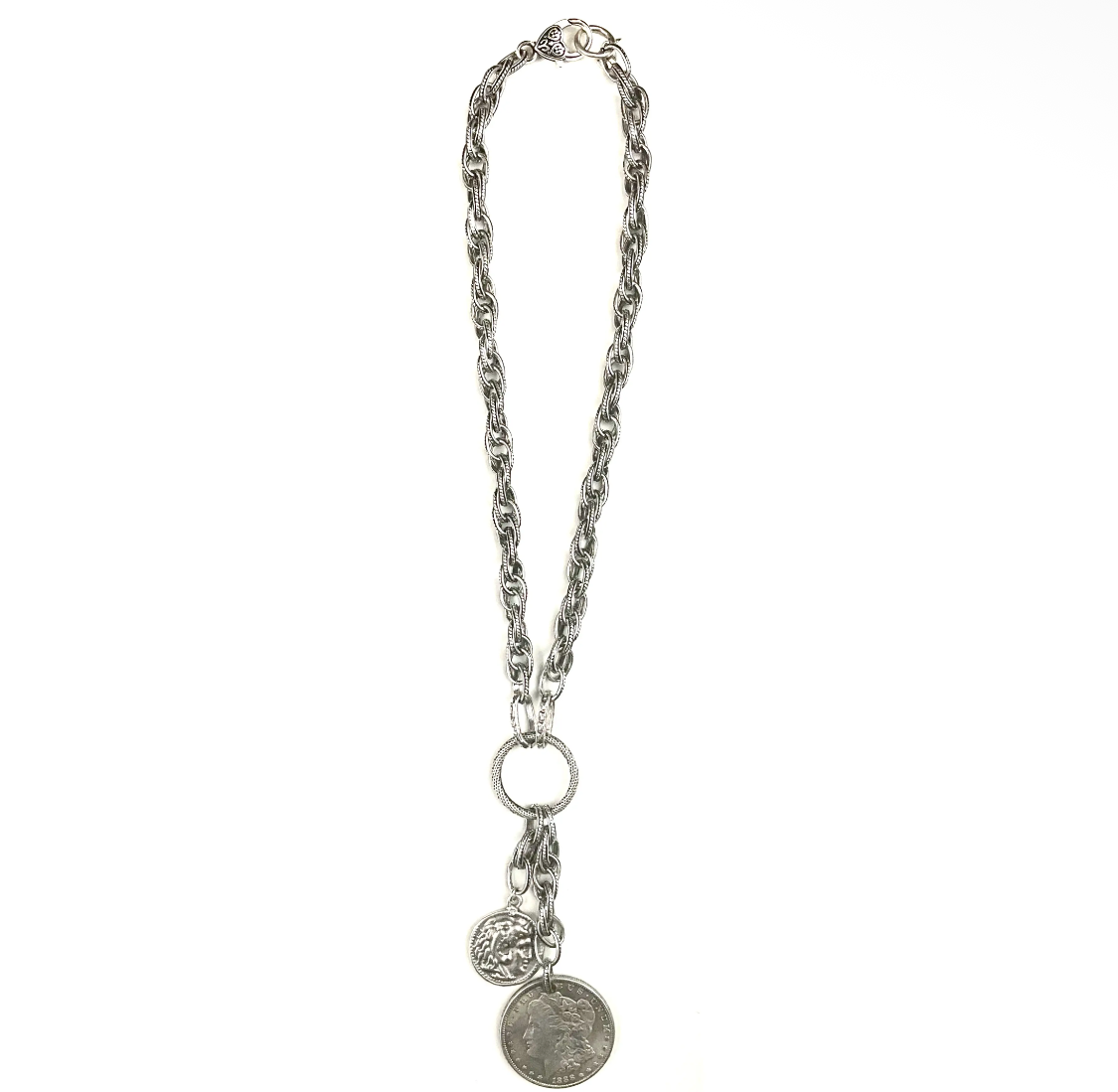 Bold Interlink Chain w/Ring & Double Coins Dangle Necklace