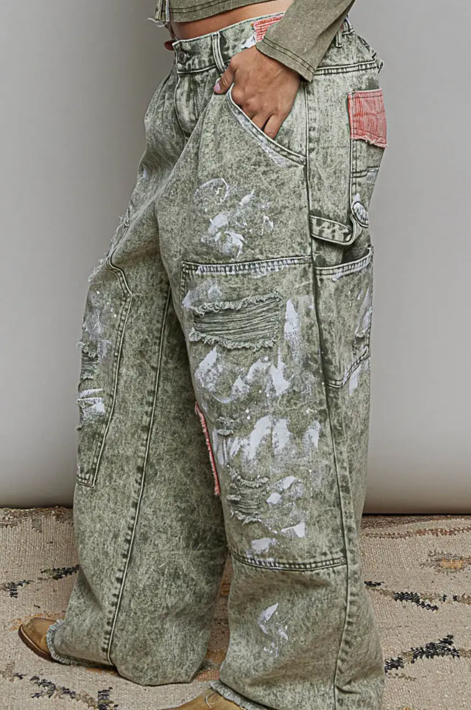 Raw--Edge Hem Back Waistband Woven Wide leg Carpenter Pants