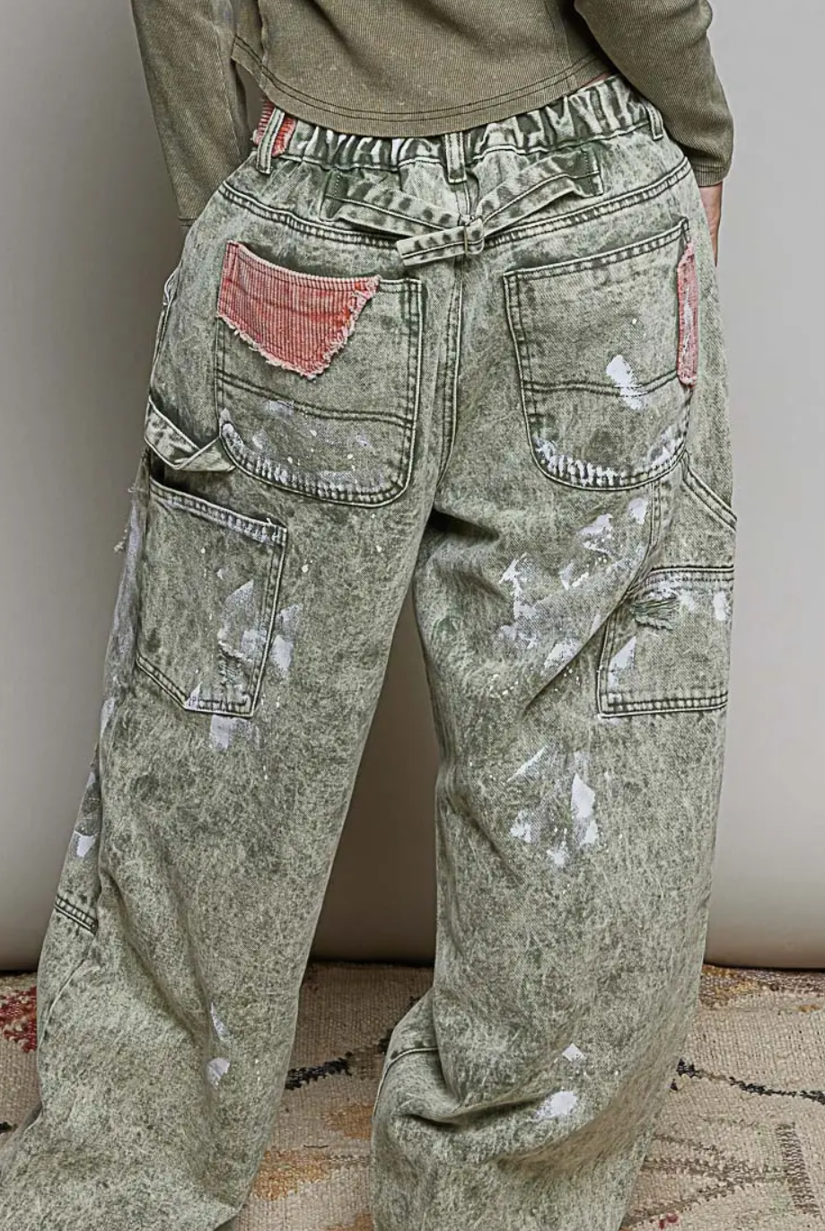 Raw--Edge Hem Back Waistband Woven Wide leg Carpenter Pants