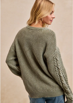 Washed Cable Knit Sleeves Textured Sweater-vintage Olive
