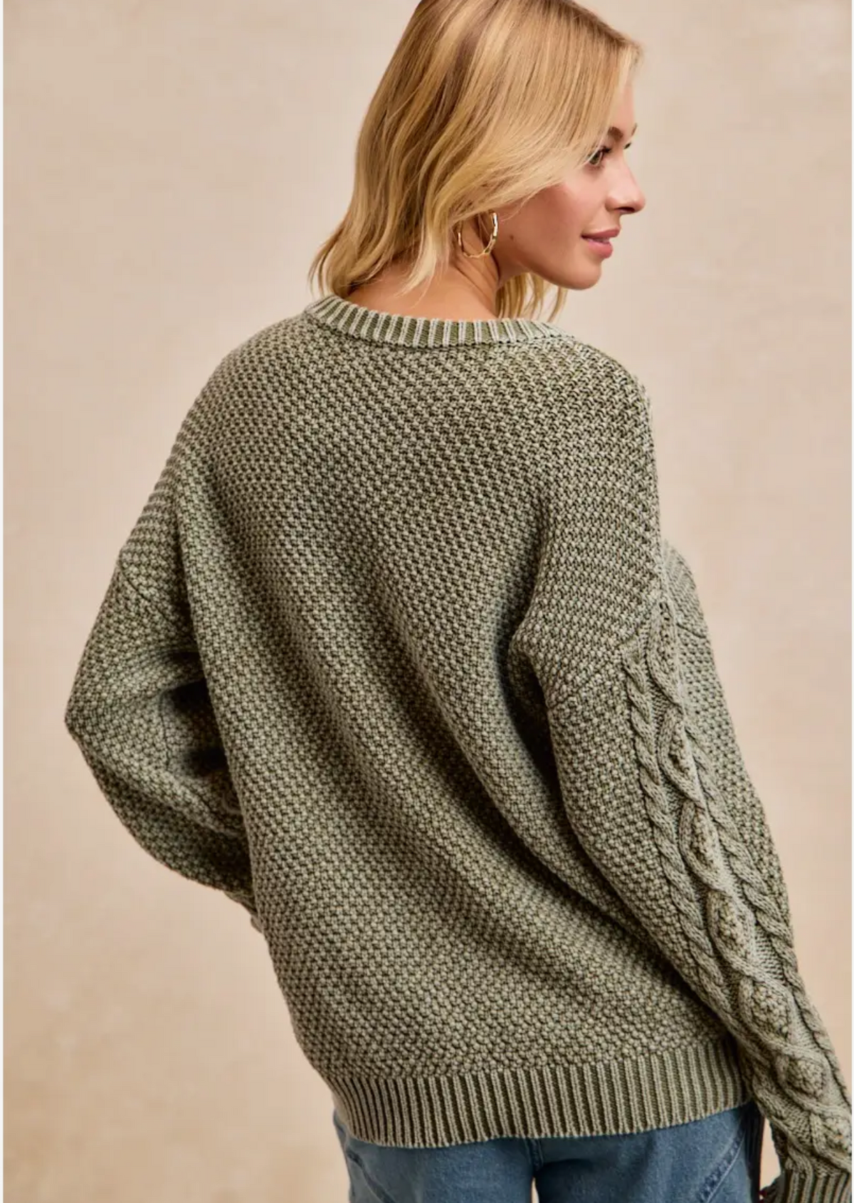 Washed Cable Knit Sleeves Textured Sweater-vintage Olive