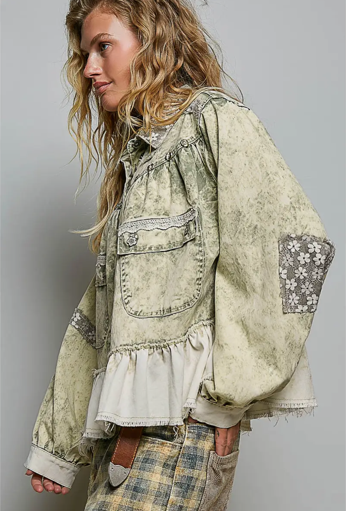 Lace Patch Ruffle Vintage Washing Raw Edge Twill Jacket-pale olive