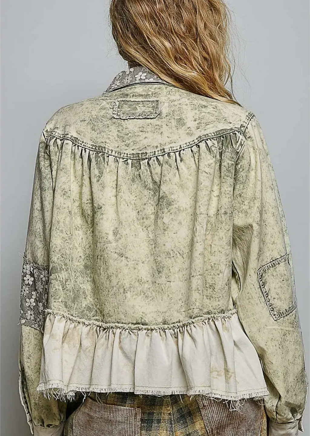 Lace Patch Ruffle Vintage Washing Raw Edge Twill Jacket-pale olive