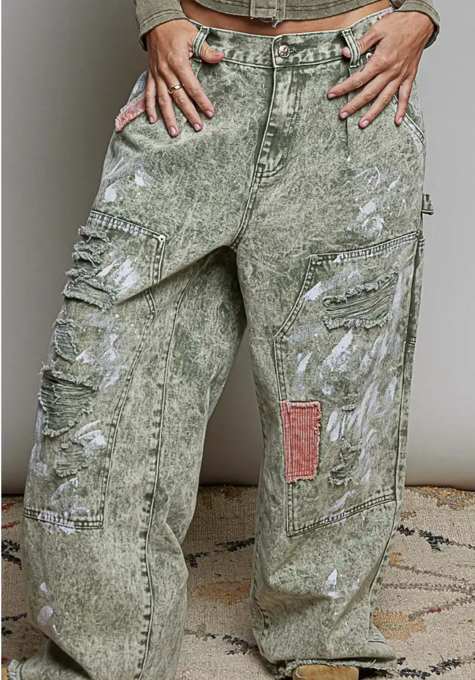 Raw--Edge Hem Back Waistband Woven Wide leg Carpenter Pants