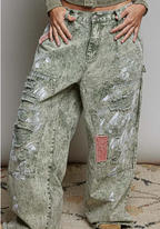 Raw--Edge Hem Back Waistband Woven Wide leg Carpenter Pants
