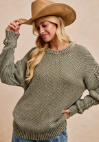 Washed Cable Knit Sleeves Textured Sweater-vintage Olive