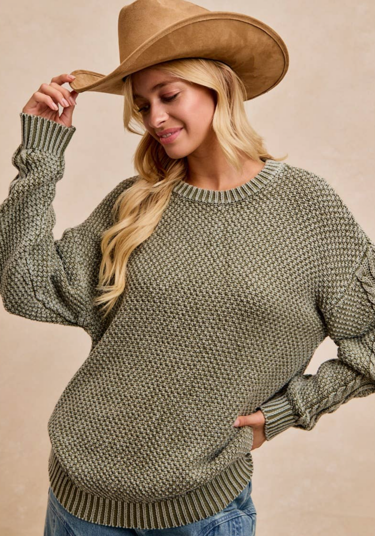 Washed Cable Knit Sleeves Textured Sweater-vintage Olive