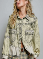 Lace Patch Ruffle Vintage Washing Raw Edge Twill Jacket-pale olive
