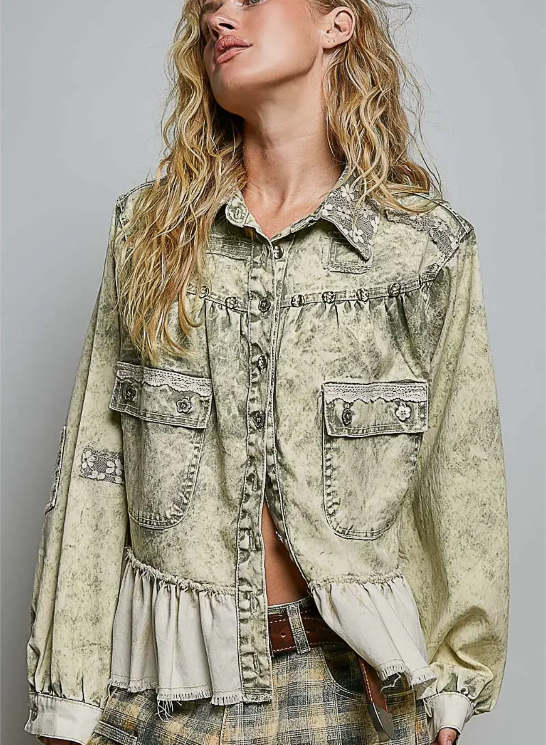 Lace Patch Ruffle Vintage Washing Raw Edge Twill Jacket-pale olive