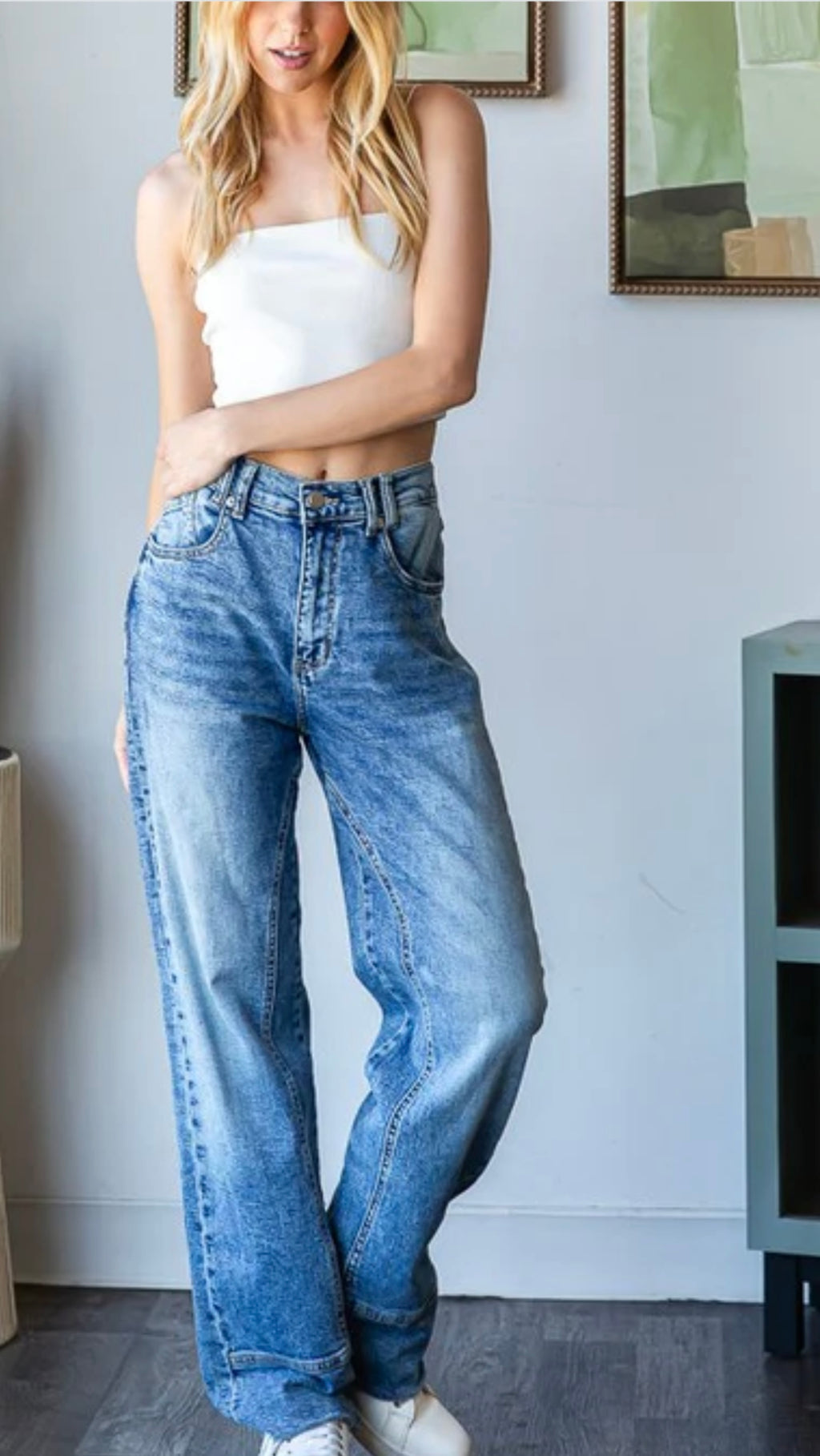 Mineral Washed Mid Rise Stretch Denim Jeans