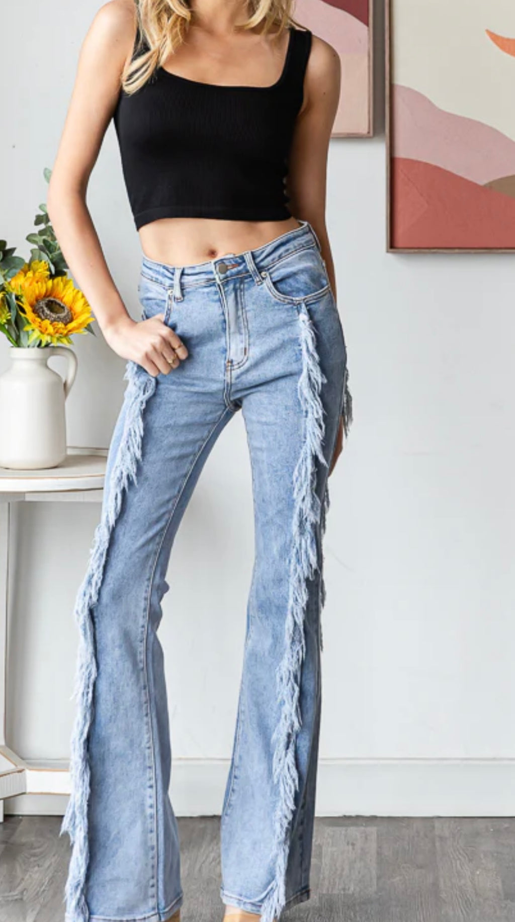 Medium Light Wash Frayed Stretch Flare Denim Jeans
